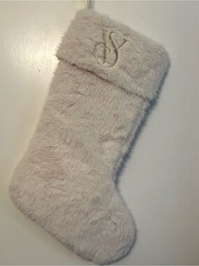 New VICTORIAS SECRET VS Plush Faux Fur Stocking in Ivory with Gold Monogram